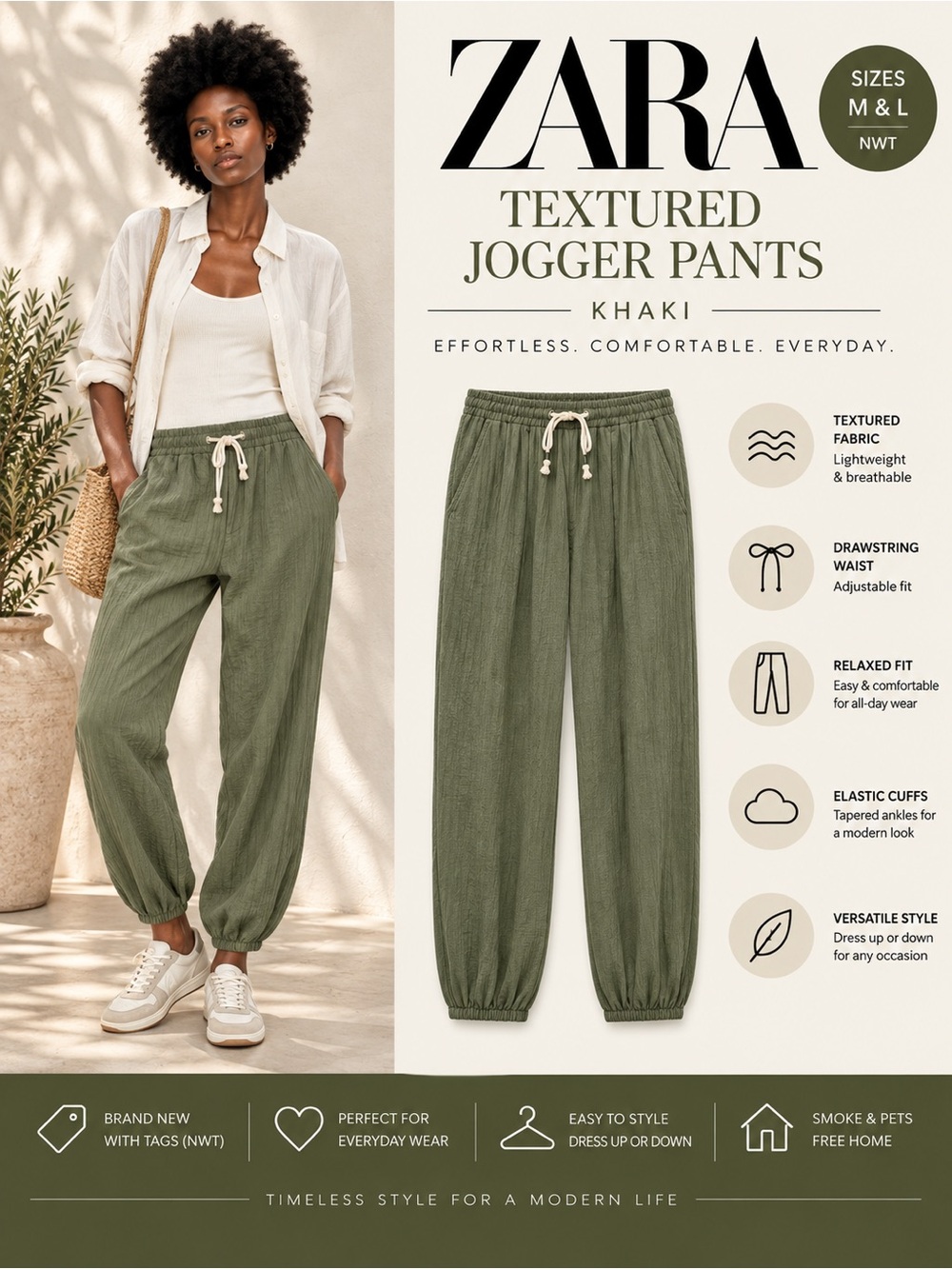 ZARA Textured Khaki Jogger Pants NWT Drawstring Elastic Waist M L
